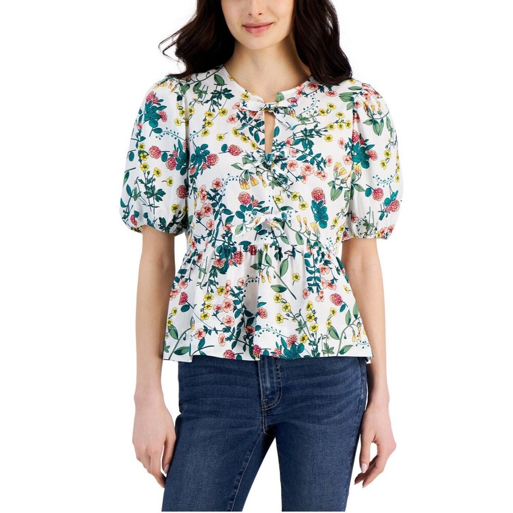 Nautica Jeans Women's White Floral-Print Cotton Peplum Top Shirt Size XS NWT